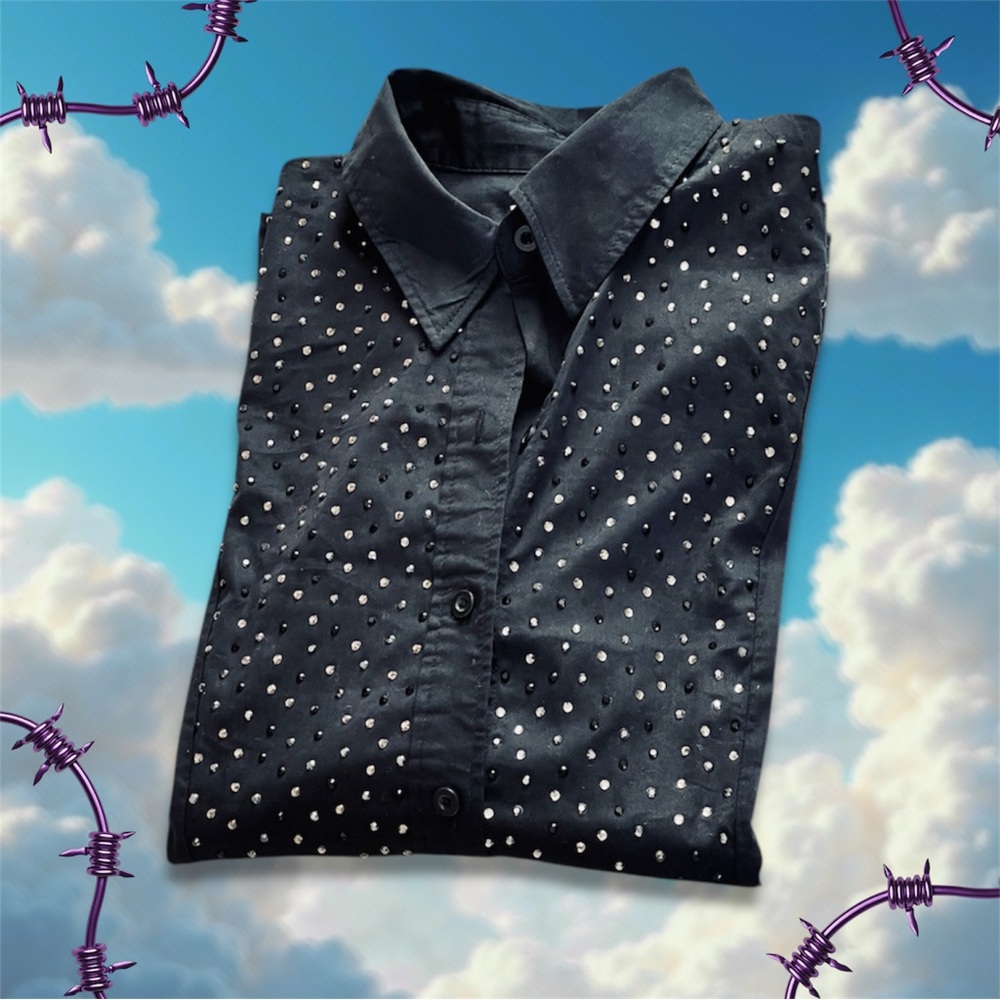 CHICO’S Women’s Razzle Dazzle Black Rhinestone Bodice Shirt | 2 - L12 | Preowned